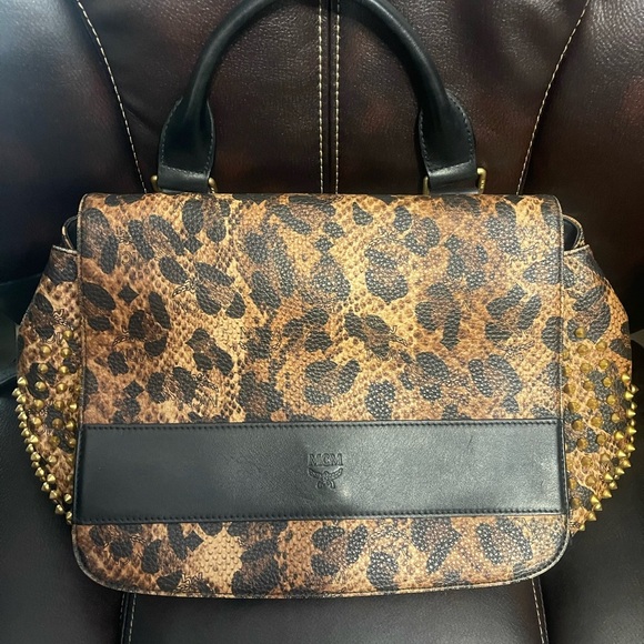 MCM Handbags - MCM Leopard Print Satchel with Black Trim and Gold Studs